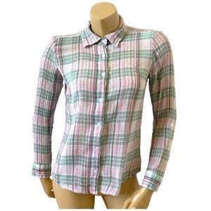 Caribbean Joe Lightweight Plaid Button Up Top with Roll Tab Sleeves